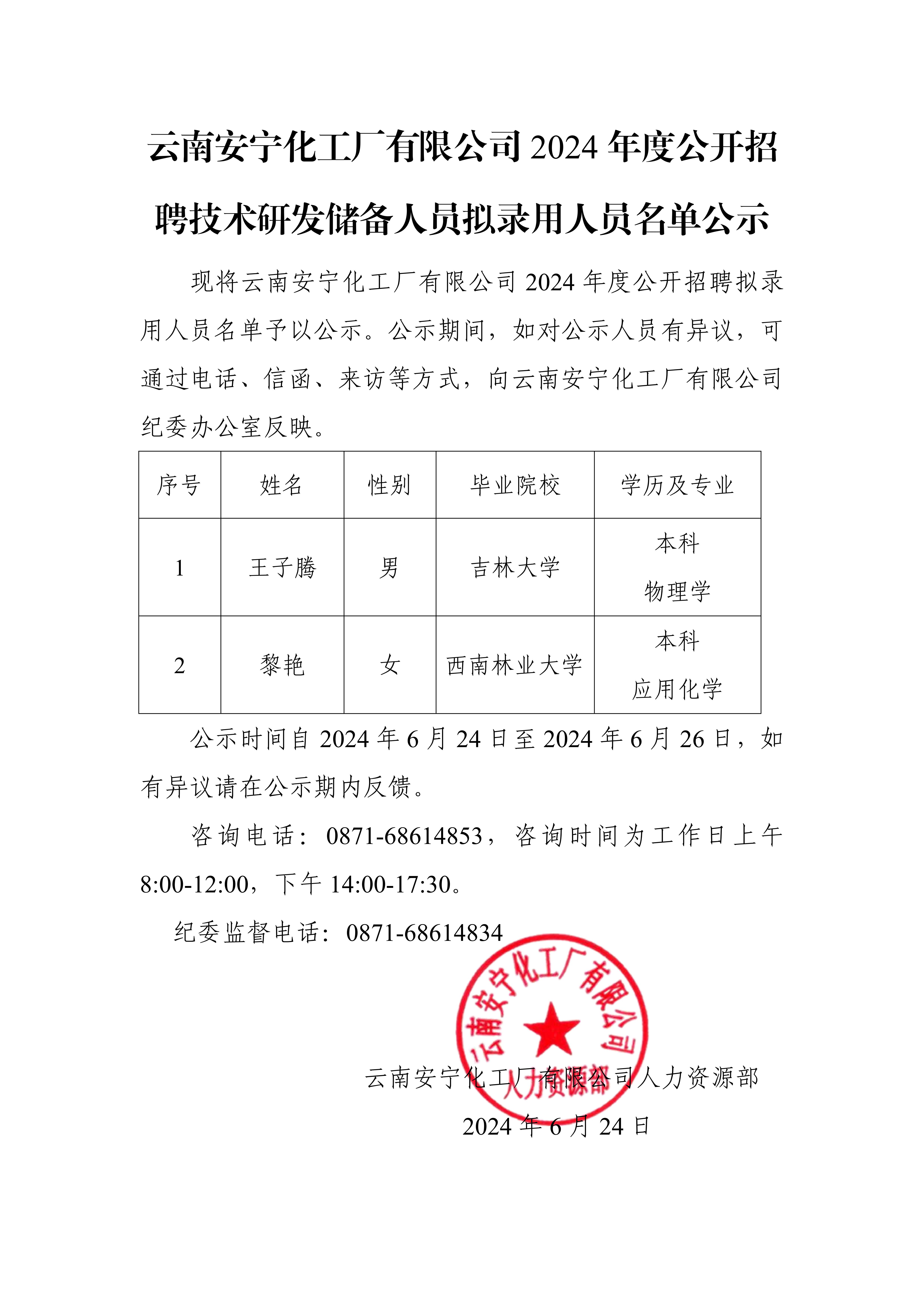 【公示】云南安寧化工廠有限公司2024年度公開招聘技術(shù)研發(fā)儲備人員擬錄用人員名單公示